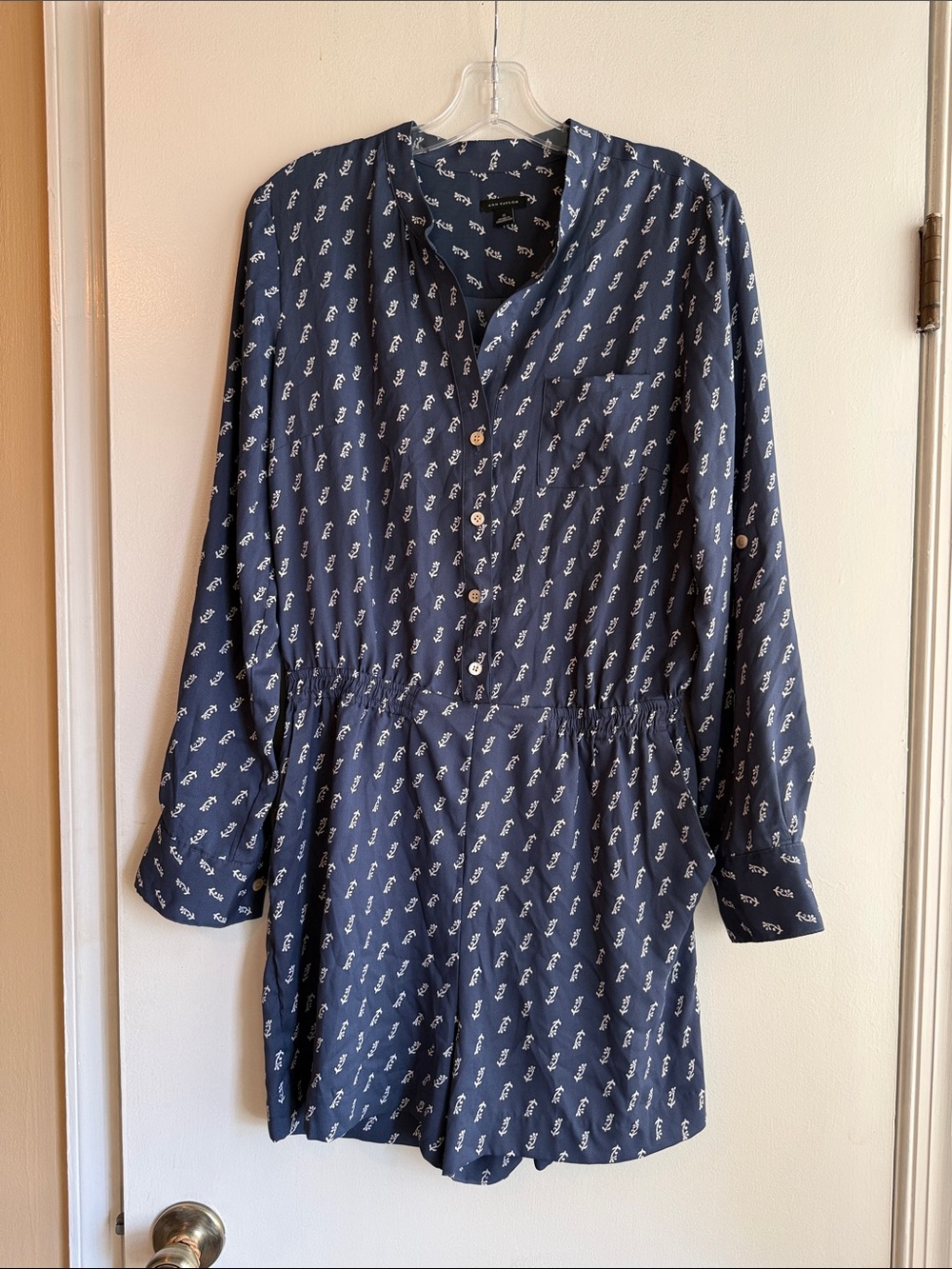 Ann Taylor Navy Printed Long-Sleeve Button Dress